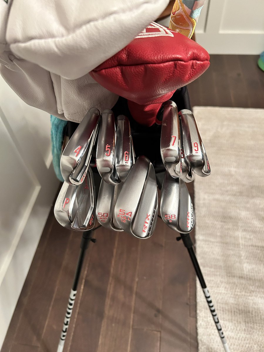 Tucker_Jensen's tweet image. Attempt #1 paint filling my irons and wedges red. “Forged” was filled white @SrixonGolf #zx7 @ClevelandGolf #rtxzipcore