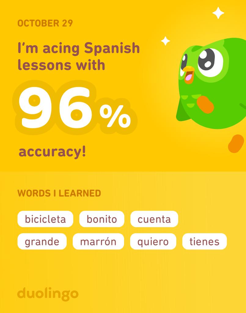 OmicronEXE's tweet photo. I’m learning Spanish on Duolingo, and apparently today went well https://t.co/0FzKBul1aw
