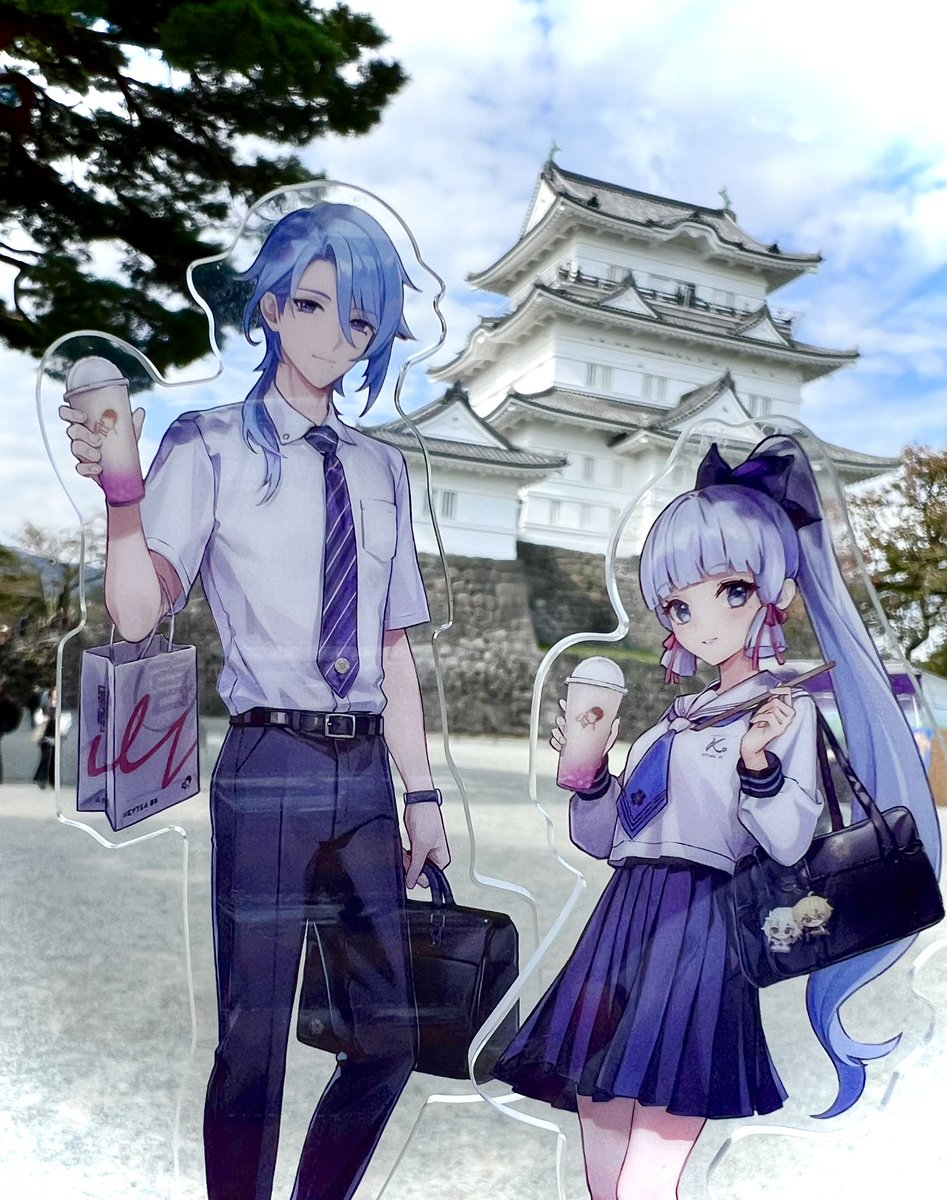 kamisato ayaka ,kamisato ayato 1girl 1boy brother and sister school uniform blue hair necktie bubble tea  illustration images