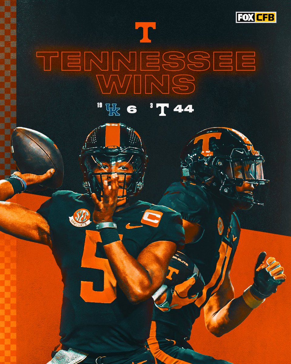 FOX College Football (@cfbonfox) on Twitter photo TENNESSEE W 🔶
<a href="/Vol_Football/">Tennessee Football</a> cruises to victory in Knoxville against No. 19 Kentucky TENNESSEE W 🔶
<a href="/Vol_Football/">Tennessee Football</a> cruises to victory in Knoxville against No. 19 Kentucky