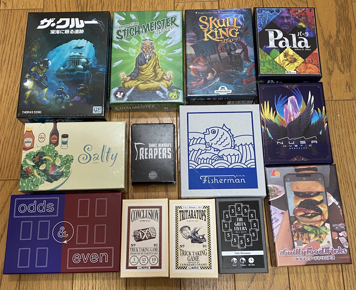 psitau's tweet photo. #ゲームマーケット2022秋 で買ったものトリテ篇
ザ・クルー 深海に眠る遺跡
トリックマイスター
スカルキング
PALA
Salty
Reapers
Fisherman
NUSA MYSTIC
odds&even
コンクルージョン
トリテラトプス
グリーンファイブラ
#GuiltyFoodTricks 罪とバズ https://t.co/3Hq2T9wjUj