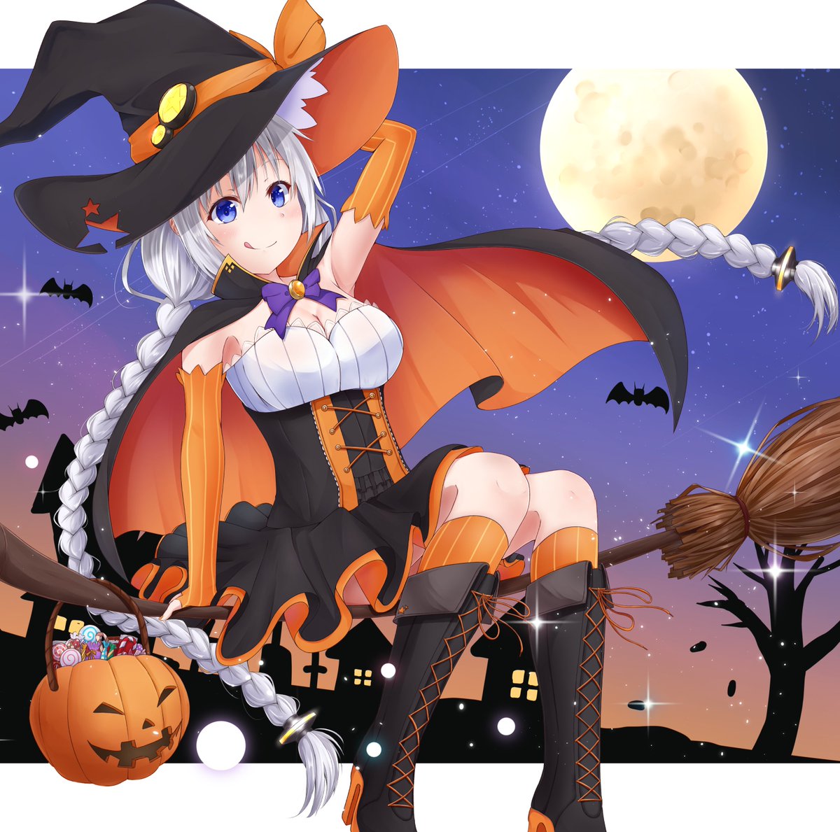 kizuna akari 1girl hat blue eyes witch hat solo moon broom riding  illustration images