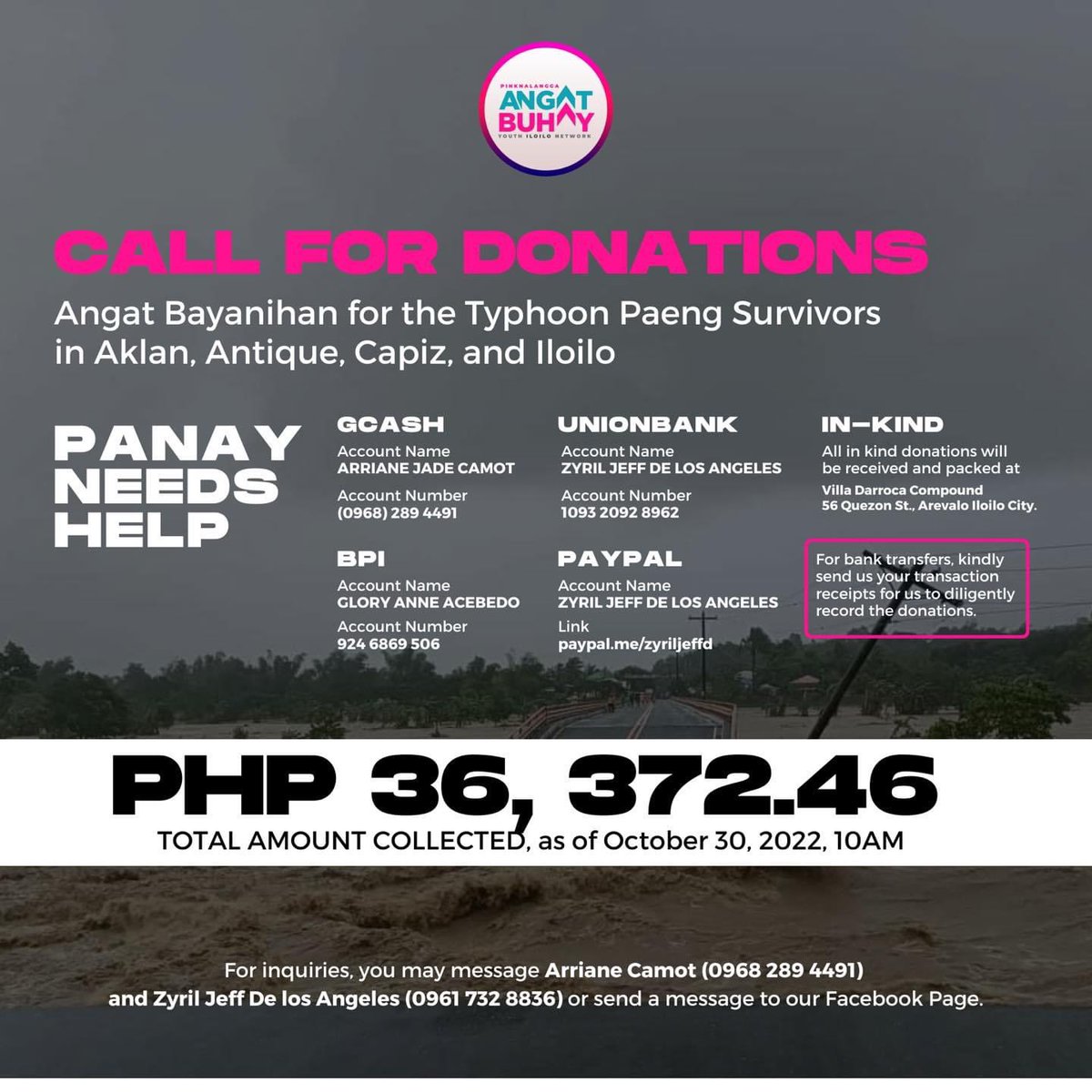 PinkNaLangga's tweet photo. MAKI-AMBIT SA ANGAT BAYANIHAN!

As of October 30, 10AM, we received a total of  PHP 36,372.46 of cash donations. The total amount collected will be used to purchase immediate goods and hot meals to the affected individuals of the onslaught of #PaengPH. #AngatBayanihan https://t.co/mRWUWaO2MQ