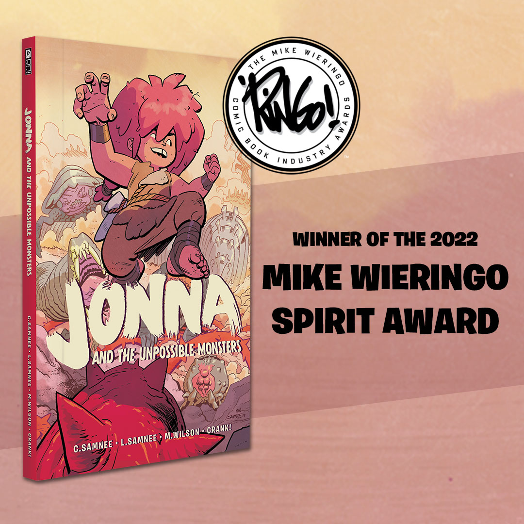 OniPress's tweet photo. Congratulations to JONNA AND THE UNPOSSIBLE MONSTERS by  @ChrisSamnee #LauraSamnee @COLORnMATT and @ccrank for winning the 2022 Mike Wieringo Spirit Award! 🎉 https://t.co/jPKC5MV917