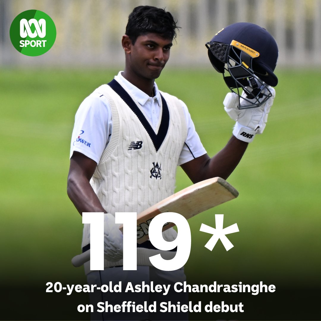 abcsport's tweet photo. 💯 What a knock on debut!  👏

🏏 20-year-old Ashley Chandrasinghe has brought up his maiden first class century, scoring 119 not out off 333 balls for @VicStateCricket in the #SheffieldShield against Tasmania at Bellerive.

📰 https://t.co/wzVDJ69WOT #TASvVIC https://t.co/mCZbM4ELW2