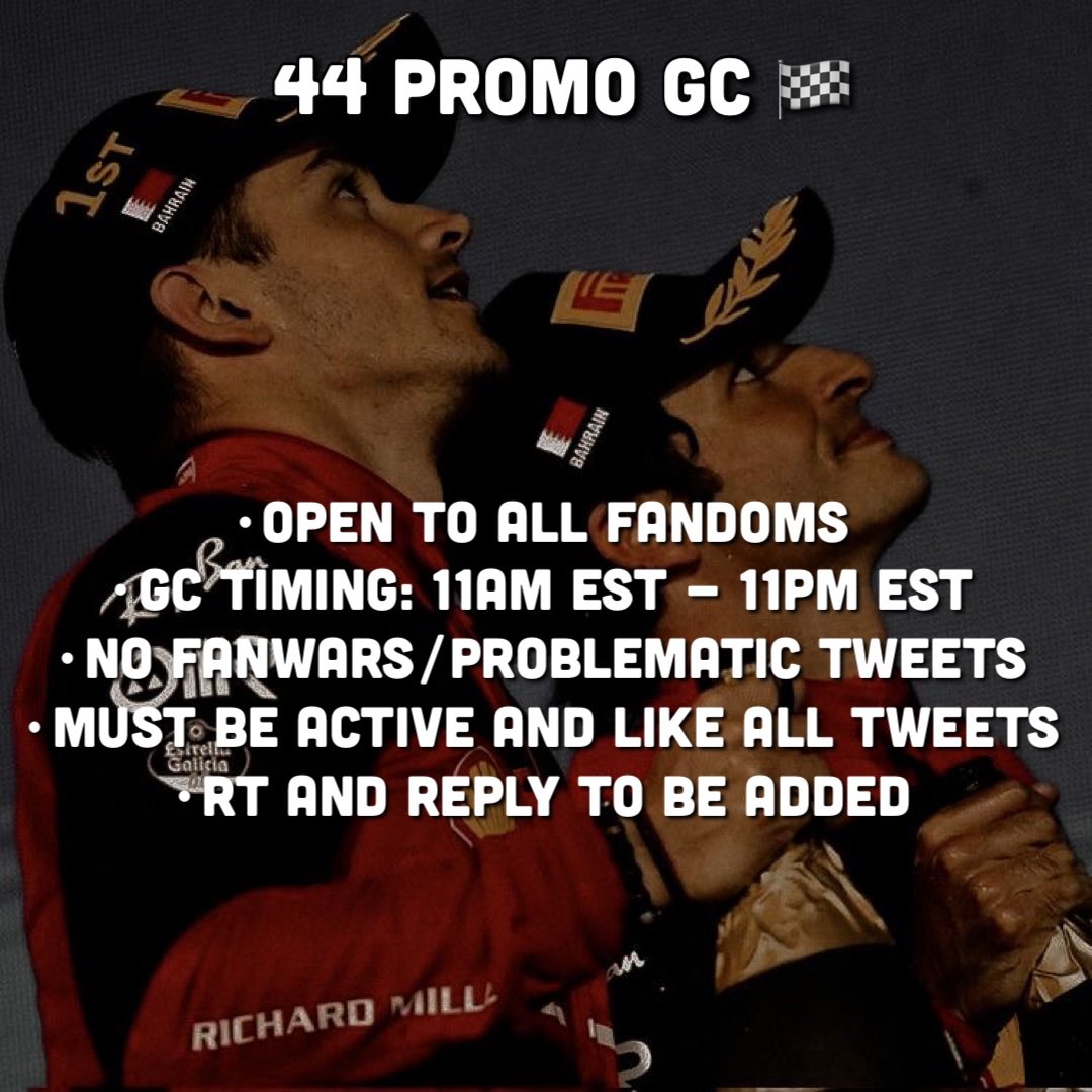 44 PROMO GC IS RECRUITING NEW MEMBERS! 🏁

•6 plugs daily 
•open to ALL fandoms
•open from 11am EST - 11pm EST 
•no fanwars or problematic tweets! 
•have dms open and MUST be active

•admin account: @44promogc 
•rt AND reply to be added, will reply  once you are in
