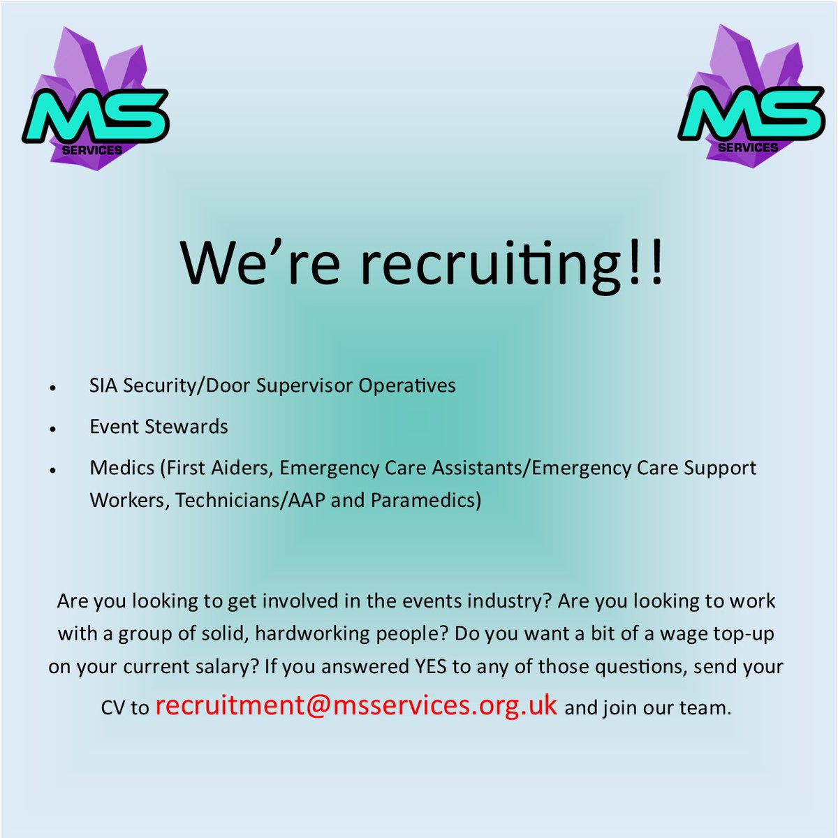 MS Services Ltd (@msservicesltd) on Twitter photo Covering East & West Sussex, Hampshire and Surrey... Come and join a solid, hardworking group of people. Send your CV to recruitment@msservices.org.uk #security #steward #medic #surrey #hampshire #sussex #recruiting #jointheteam #teamwork #family #smallbusiness Covering East & West Sussex, Hampshire and Surrey... Come and join a solid, hardworking group of people. Send your CV to recruitment@msservices.org.uk #security #steward #medic #surrey #hampshire #sussex #recruiting #jointheteam #teamwork #family #smallbusiness