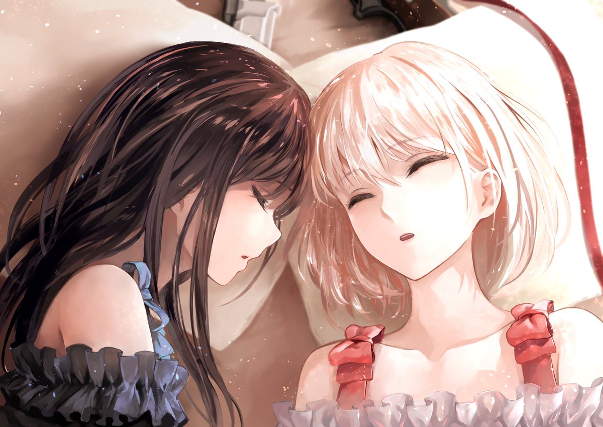 inoue takina ,nishikigi chisato multiple girls 2girls black hair sleeping long hair blonde hair closed eyes  illustration images