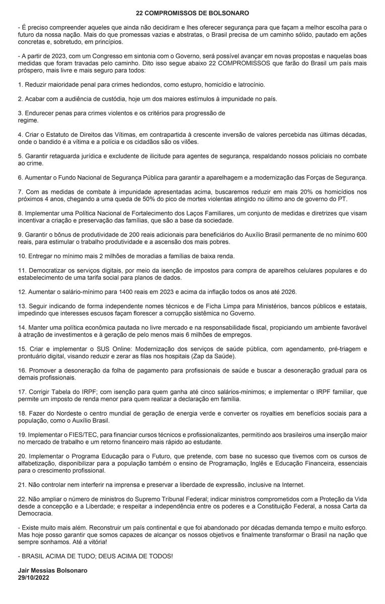 Manifesto de Jair Bolsonaro com 22 compromissos em seu próximo mandato.