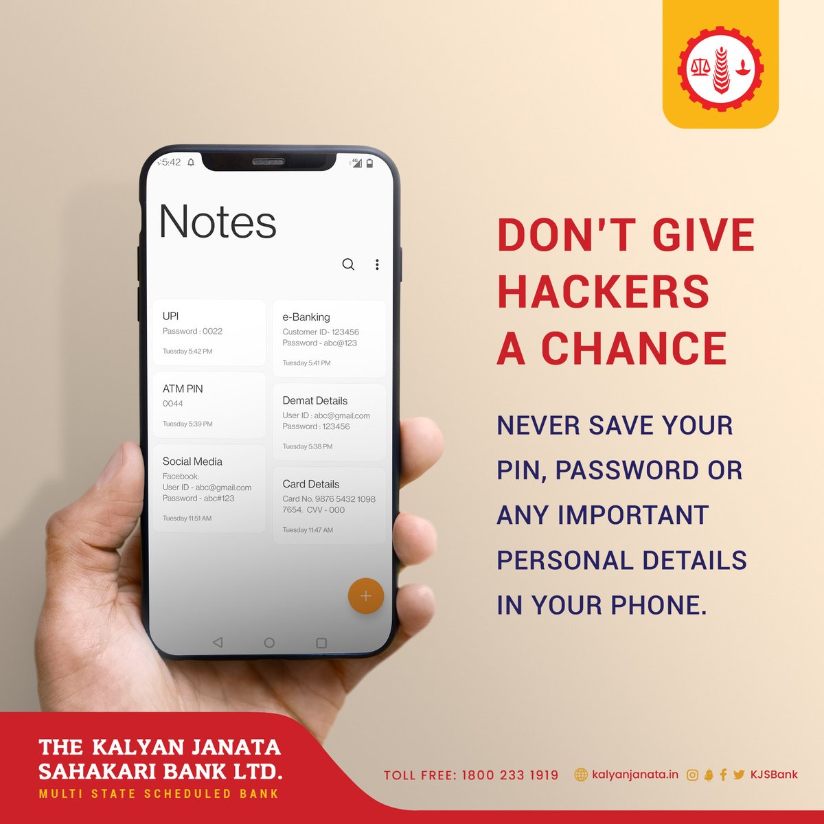 KJSBank's tweet photo. Although it might be tempting and convenient, you should never save passwords or login credentials on your phone, tablet, or computer.
#staysafestaysecure #kalyanjanatabank #kalyanjanata #besecurebesafe https://t.co/nINoct2Xlb