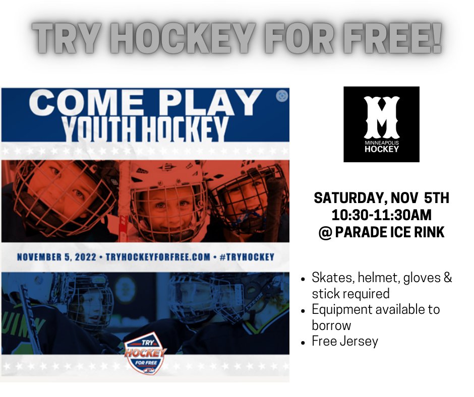 Try Hockey for Free!! 
Let's grow the game and get more kids on the ice! 
Register Here:  tryhockeyforfree.com/event_detail/1…