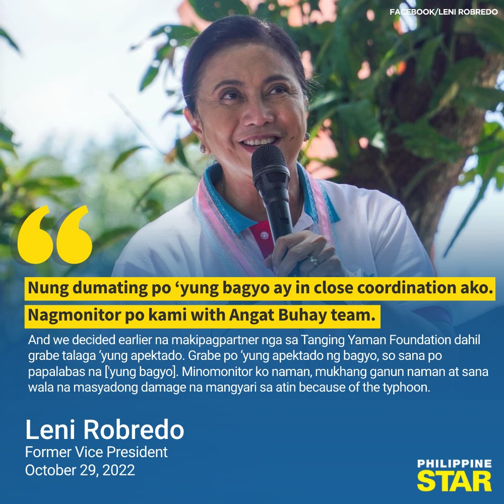 ‘NAGMONITOR PO KAMI WITH ANGAT BUHAY TEAM’

In a Facebook live on Saturday, former vice president Leni Robredo said she closely monitored with the Angat Buhay team the country's situation during #PaengPH's onslaught.
