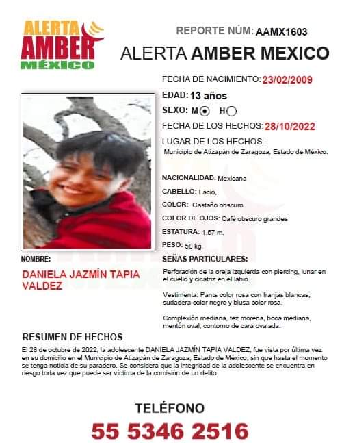 COBUPEM's tweet photo. Solicitamos de tu apoyo en difusión para dar pronta localización a Daniela Jazmín Tapia Valdez, comunícate a los teléfonos de COBUPEM 800 216 0361, 800 509 0927. https://t.co/waRTaoLuMB