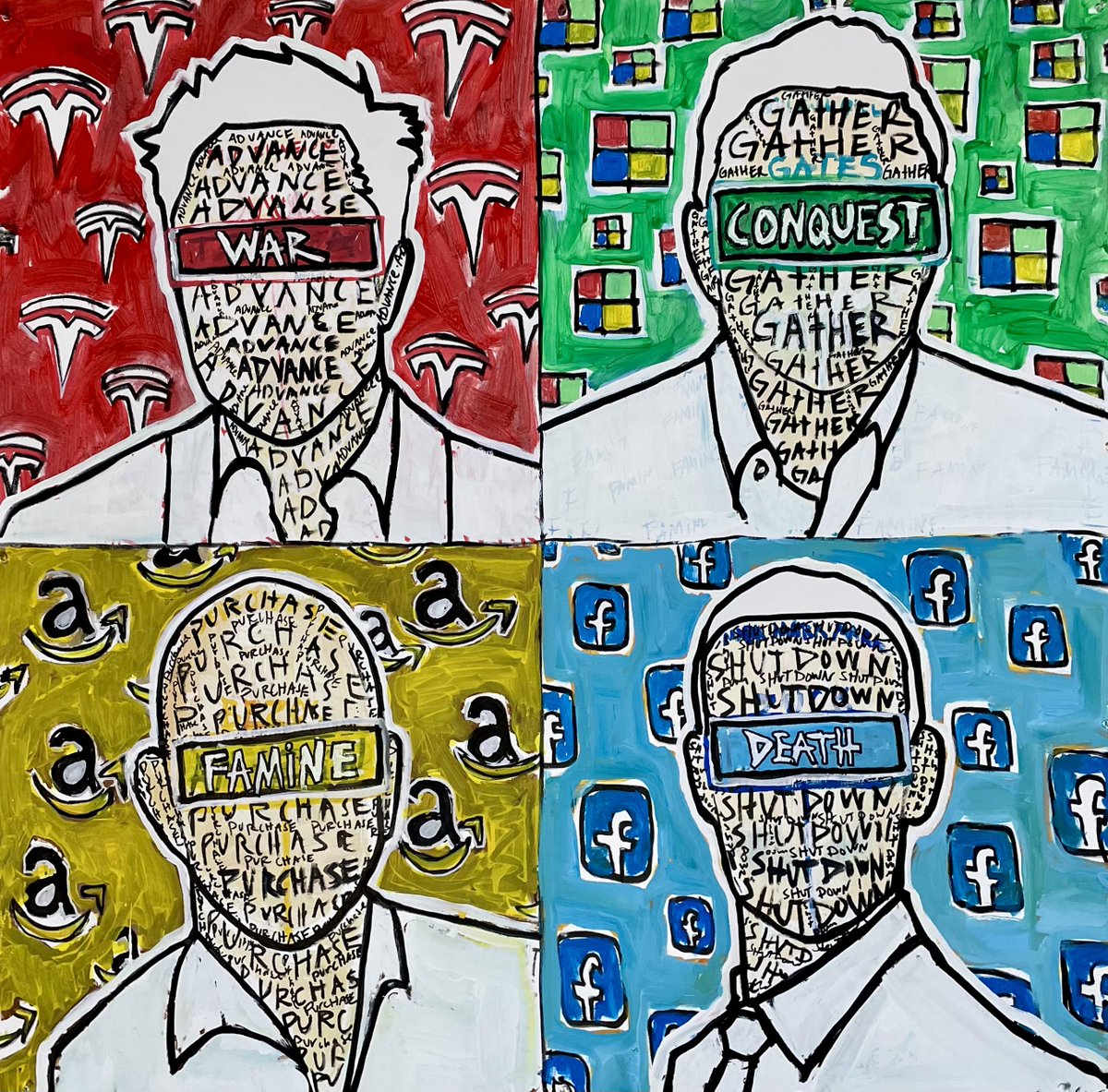 'The Four Billionaire Horseman of the Atheprophetisaiahrican Apocalypse', theprophetisaiah, Acrylic Paint, 2021

shop.pirend.com

#pirend #modernart #photography #painting #artlovers #artnews #artinfo #artgallery #artsblog #artsed #art