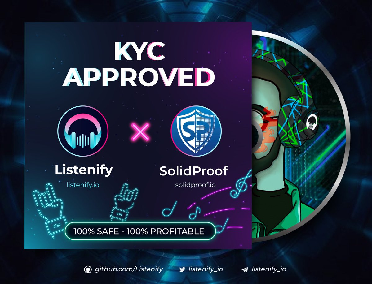 Listenify_io's tweet photo. 🛡Listenify has completed KYC on SOLID Proof. All investors are protected 🎧

Please check full report: 
https://t.co/pGeF7Vxtg4

✅ Ecosystem: Exclusive NFTs | Market place | Listen-to-earn | Play-to-earn| Effective inflation system

Presale Link:  https://t.co/TWJKF8JcyM https://t.co/V0GKddjSxz