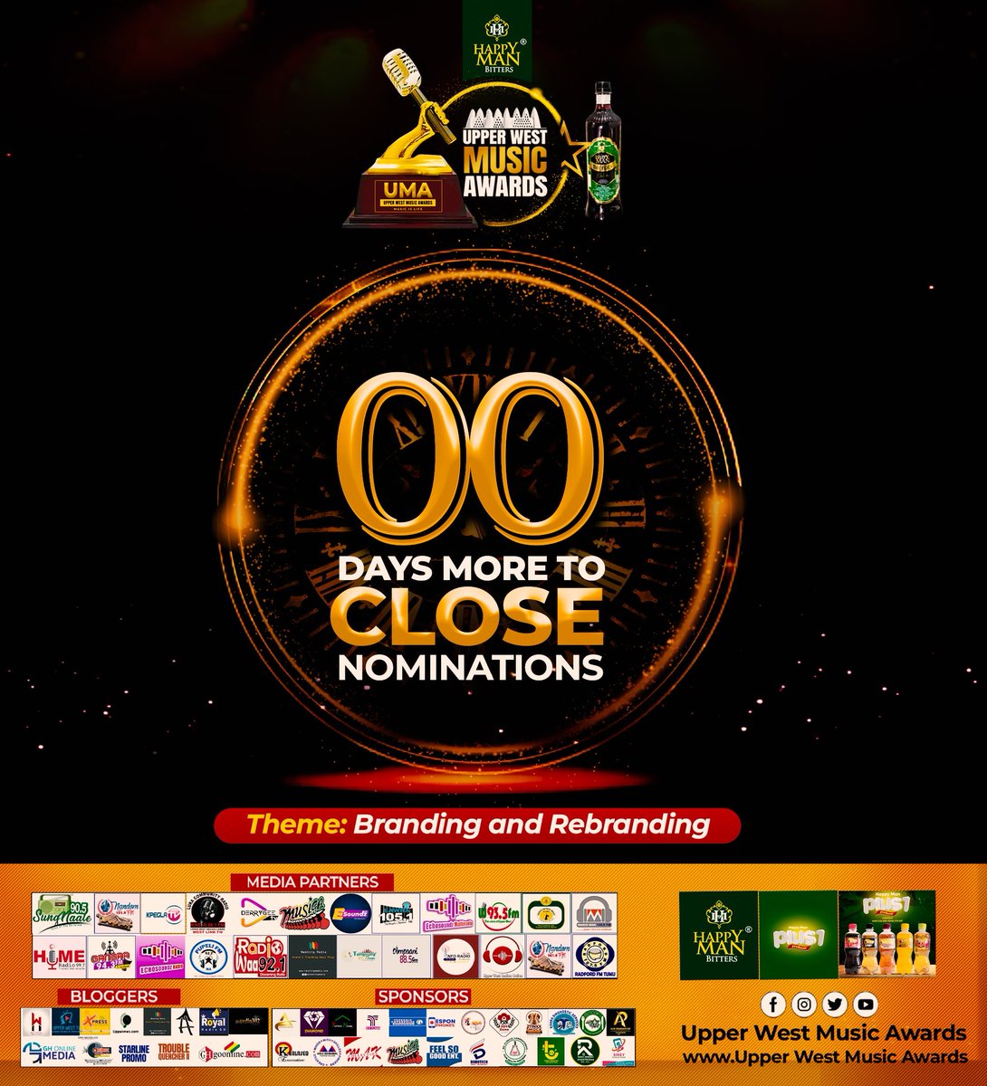 uma_awards's tweet photo. *00* days to close nominations. file now in order to be part of the 2023 edition of Upper West Music Awards.

Click on the link below to file
 
👇🏾👇🏾👇🏾
https://t.co/OO49meusmO

For more information call *0243814144*

Please share after reading https://t.co/MwMWx7cmED