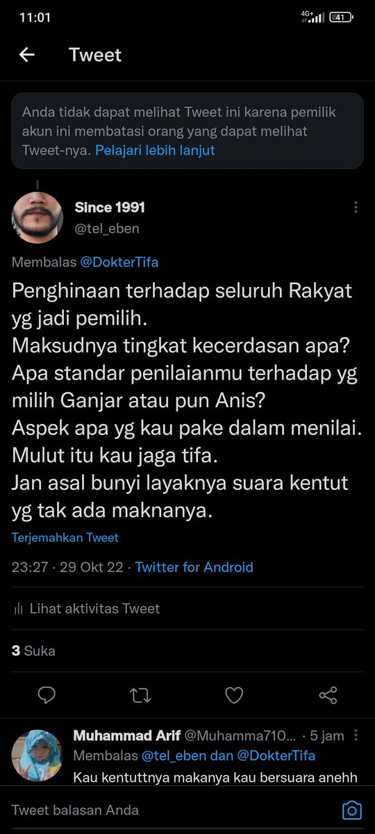Si tifa pengecut.
Koq takut sampai gua d blok?
Ternyata nyalinya tak sehebat bacotannya. Sangat memalukan. Katanya sekolah tinggi. masa kalah sama yg tamatan SMA. Bakar ijazahmu tifa. Gk guna. Ketahuan bahwa kau tdk lebih pintar dari yang tamatan SLTA.