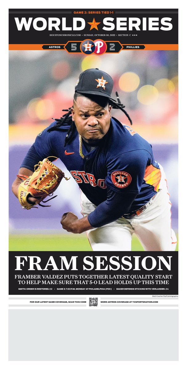 Sunday's <a href="/HoustonChron/">Houston Chronicle</a> World Series Game 2 cover. <a href="/coomerchron/">Brett Coomer</a> photo #Astros #Phillies