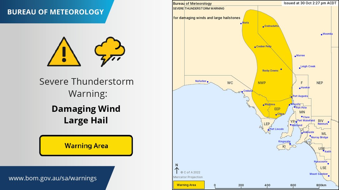 ⚠️ A Severe Thunderstorm Warning ⚡ has been issued for damaging winds and large hailstones for people in the Eastern Eyre Peninsula and parts of the West Coast, North West Pastoral, North East Pastoral and Flinders districts. Latest Warnings ow.ly/OLKC50LoXh1