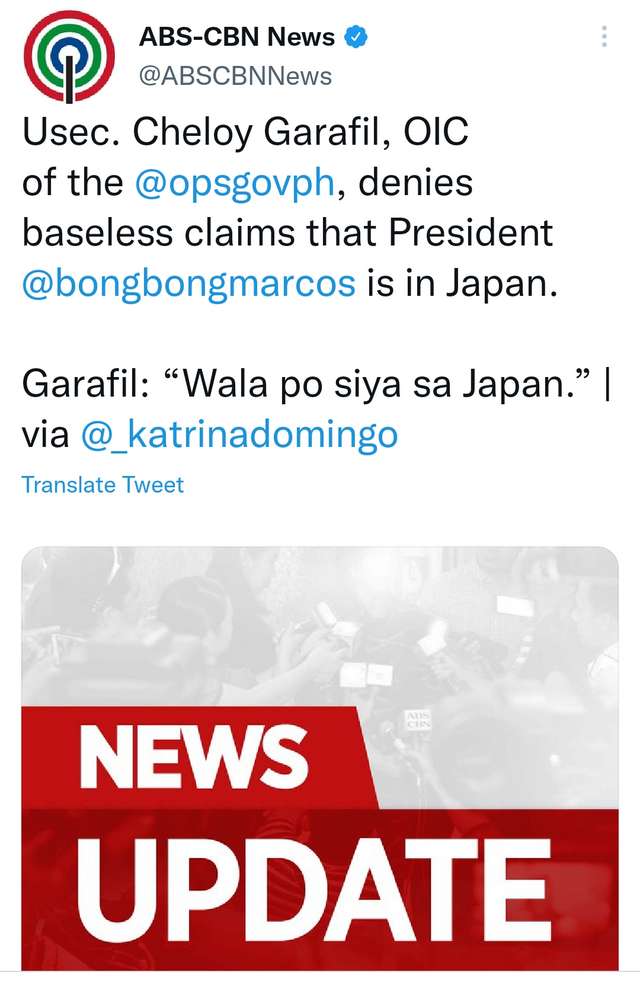 KakanTuring's tweet photo. Wala siya sa Japan.

Wala pang nakakahula ng lugar kung nasaan ang Pangulo, pwede pa kayo magpadala ng entries sa patimpalak na ito na pinamagatang "Hulaan Kung Nasaan Ang Pangulo".  Ang tamang hula ay may libreng boto sa 2028. Per DTI promo number chu chu chuchoo https://t.co/G6gbqgfycH