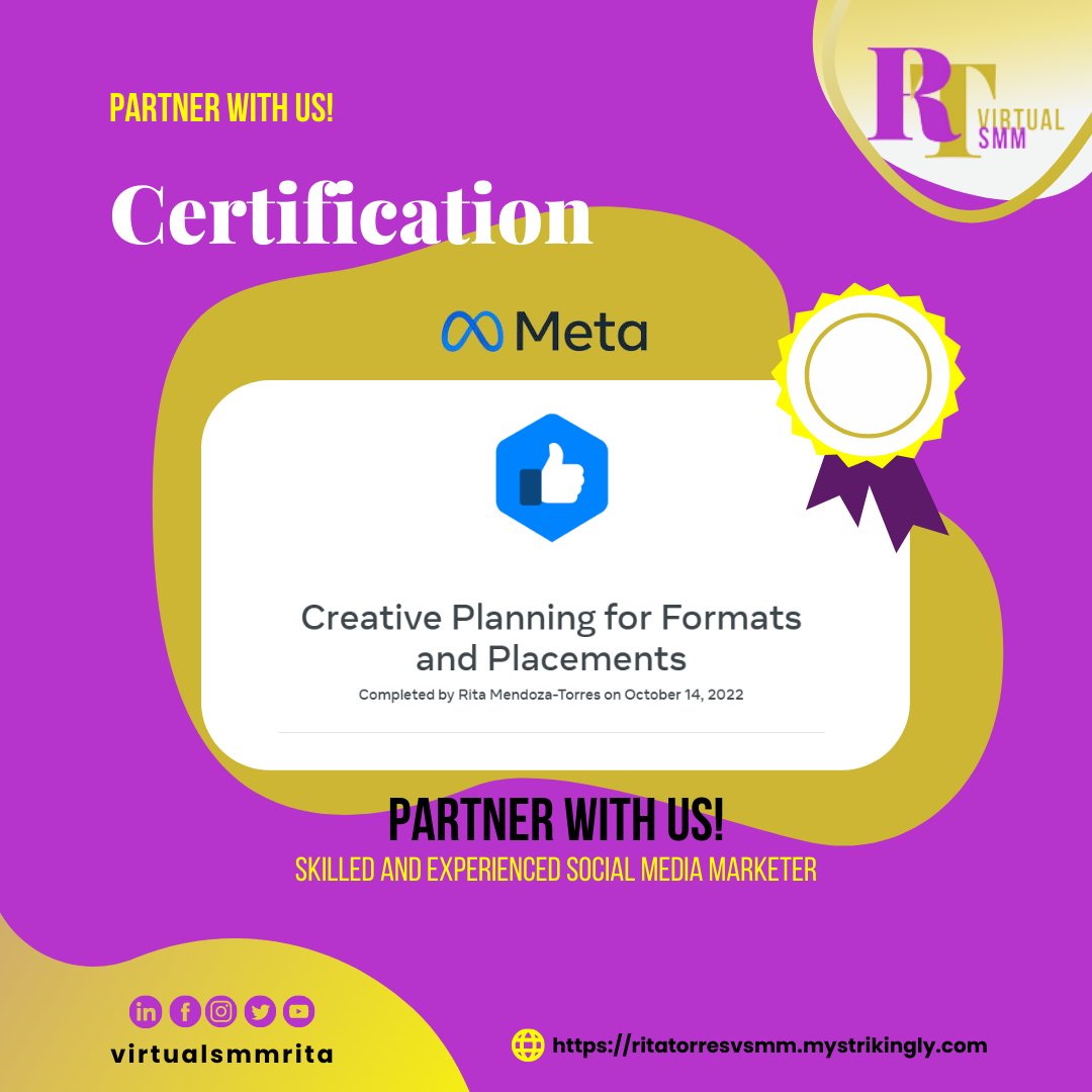virtualsmmrita's tweet photo. 📝The Meta Blueprint Certification is the official Facebook certification program for marketers. I'm proud to receive a certification in Creative Planning for Formats and Placement.
📲Send me a message and partner with me: https://t.co/ZajqS6aQdf
#contactrita #rtvsmm https://t.co/wFiedCkD0A