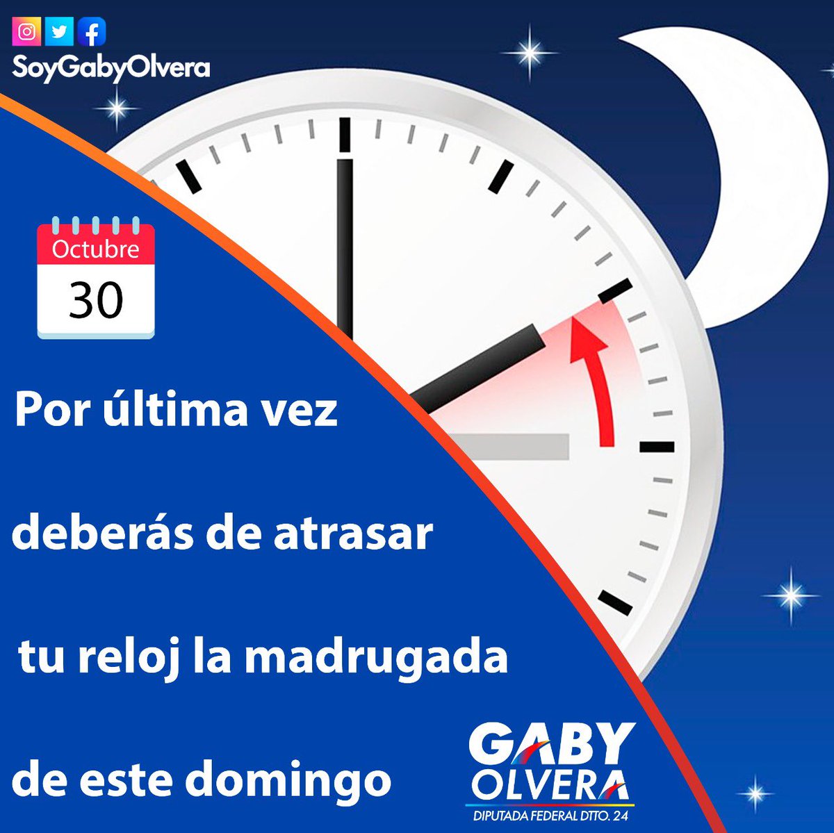 #HorarioDeInvierno
⏰ No olvidemos que hoy es la fecha en la que tendremos que cambiar nuestro reloj para quedarnos con el que será el horario definitivo. 

#ResolvamosJuntos #EscucharParaResolver