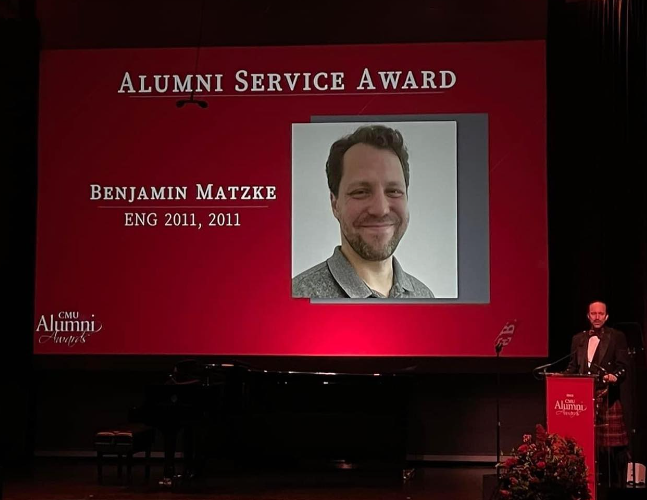CMUBuggy's tweet photo. Ben Matzke won an award for his contributions to the BAA and CMU Alumni. Awesome job, Ben! https://t.co/R8fI8gSbeC