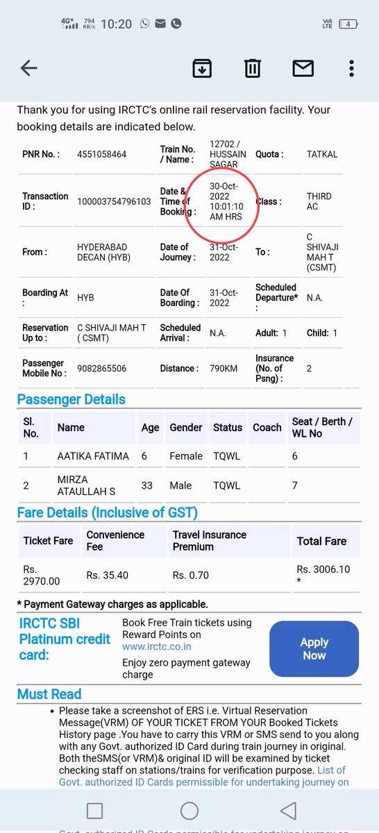 mirza_baig33's tweet image. @irctc_app @IRCTCofficial @CMOMaharashtra @RailMinIndia   #Irctcscam @timesofindia  #fraid  is there any legal action against irctc official app or any inquiry put them against them because they are running huge scam through irctc app. ticket booking time is 10:01am but still got