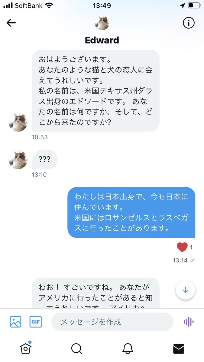 hiichan_japan's tweet photo. 猫好きな方からのＤＭだとお返事を返したけれど、どうやら国際ロマンス詐欺が疑われている有名な方らしいです

本当は日本人なのかしらね❓

あら、まだＤＭくるわ💦
ネタにもう少し遊んでみようかしら😁

#猫好きを語るＤＭ　#シリア平和維持活動　
#エドワード　#Edword
#国際ロマンス詐欺 https://t.co/5JXFvUW6BO