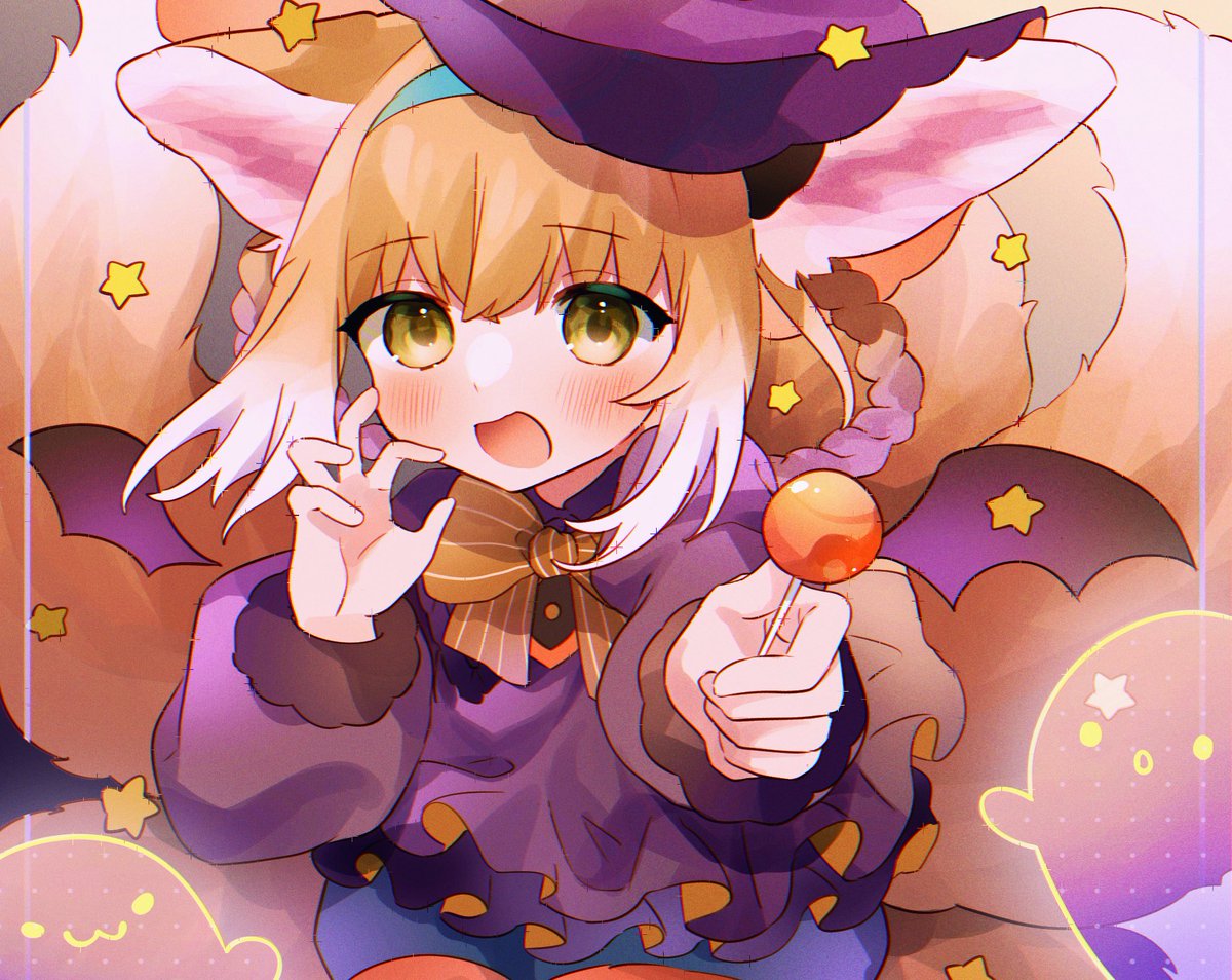 suzuran (arknights) 1girl animal ears fox ears tail holding food candy food  illustration images