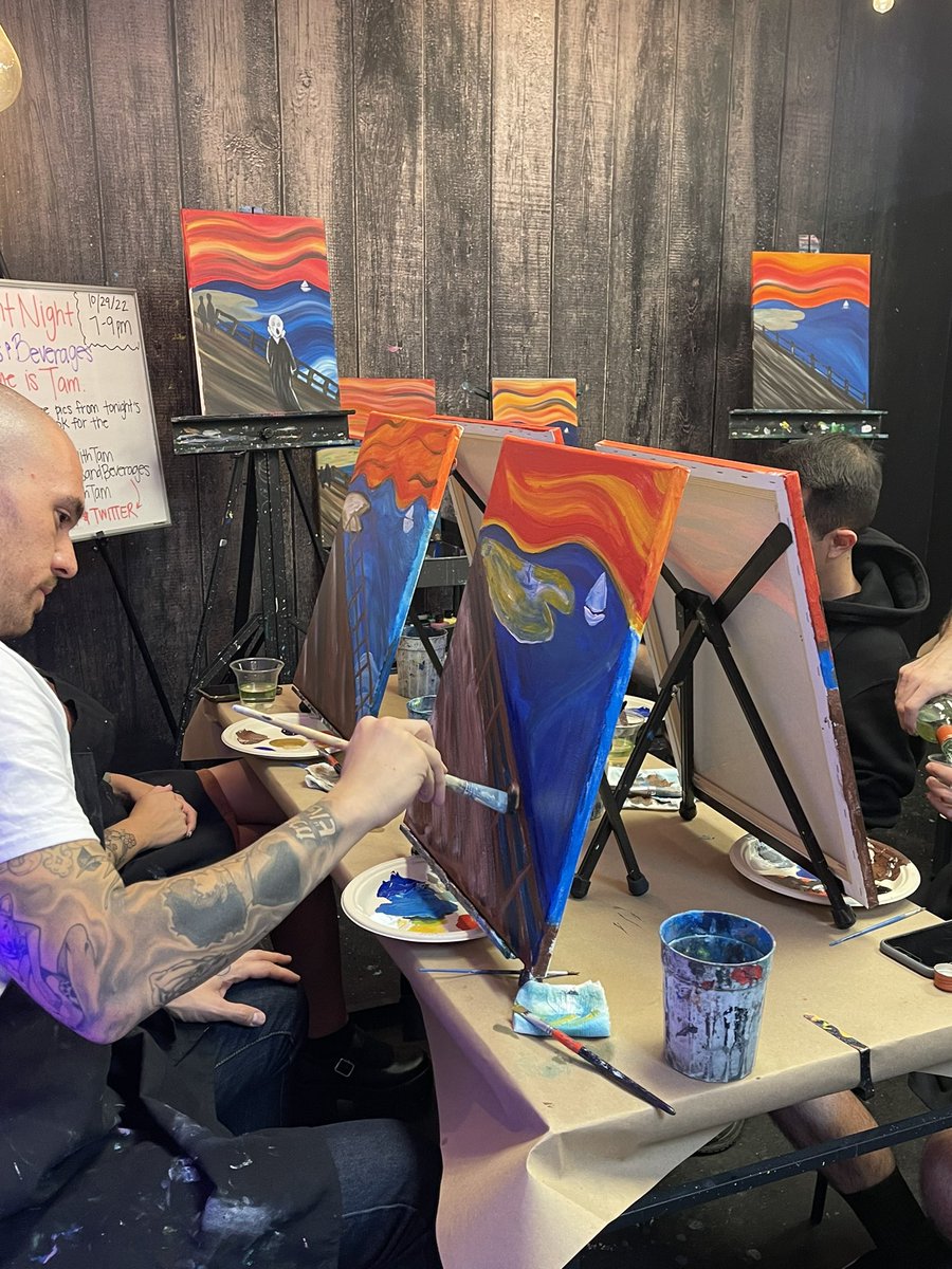 EnlightenedAunt's tweet photo. Small class tonight cuz everyone is out at Halloween parties! We still managed to have a great time! ☺️😝 Thanks for coming out guys!!
#PaintNightWithTam
#PaintingWithTam
#BrushstrokesAndBeverages
#TheScream https://t.co/vJSREz4Era