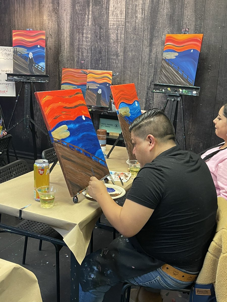 EnlightenedAunt's tweet photo. Small class tonight cuz everyone is out at Halloween parties! We still managed to have a great time! ☺️😝 Thanks for coming out guys!!
#PaintNightWithTam
#PaintingWithTam
#BrushstrokesAndBeverages
#TheScream https://t.co/vJSREz4Era