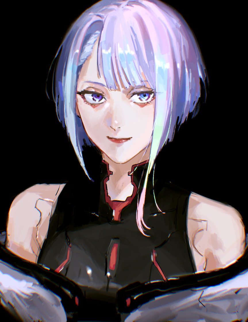 lucy (cyberpunk) 1girl solo black background looking at viewer smile bangs bare shoulders  illustration images