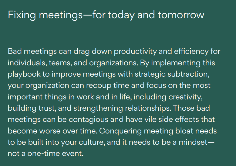 HelenBevan's tweet photo. How to fix meetings: aimed at any team or organisation wanting to seriously address the issue of soul-crushing, time-wasting meeting overload. A new, free, research-based resource using an approach called "strategic subtraction": https://t.co/WKXJyEeSK2 TY @RebHinds @work_matters https://t.co/RwN7I0hdnl