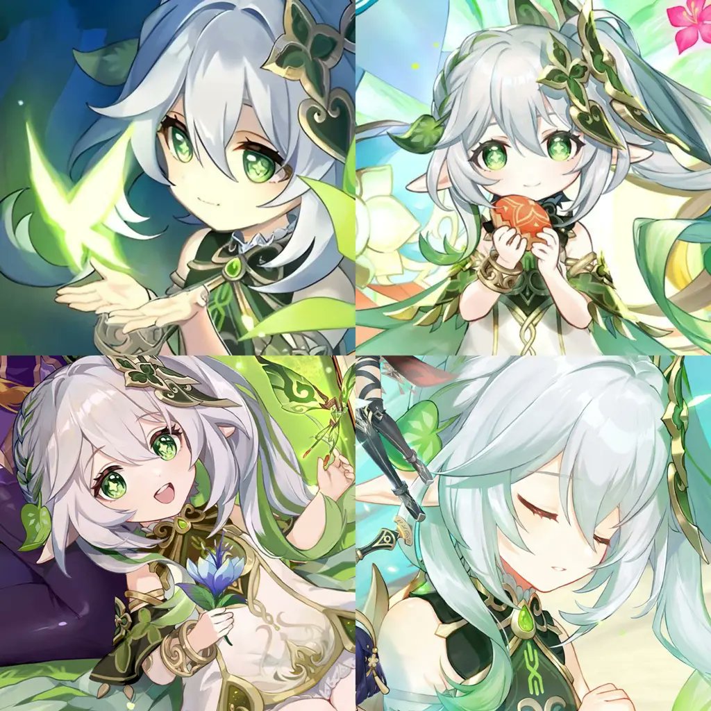 nahida (genshin impact) side ponytail pointy ears green eyes dress multiple girls hair ornament symbol-shaped pupils  illustration images