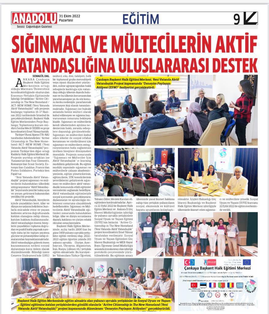 ActNewHome's tweet photo. Anatolian newspaper, the local newspaper of Ankara, was reported about our project.@marmara_univ @pistes.solidaires @kadıköyhemm @baskenthem @cuiablueoö #ulusalajans #erasmusplusproject #migrantgroups #activecitizenship https://t.co/T8F3VFNTMZ