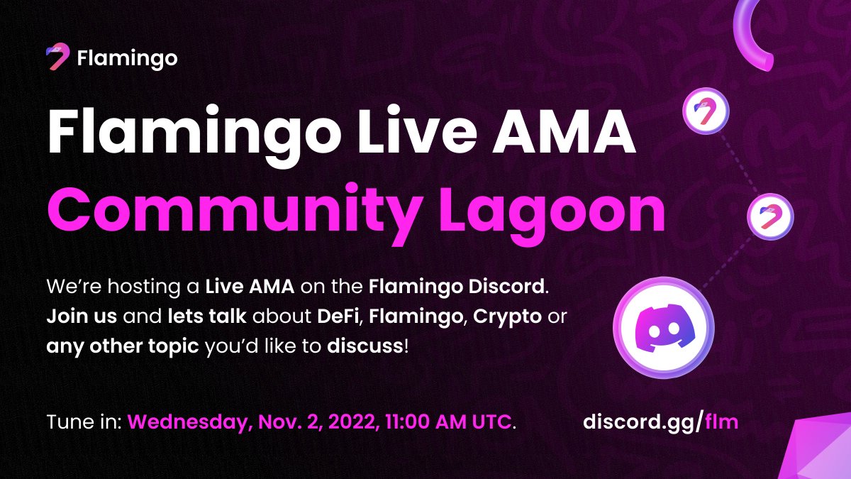 🎤 Join our Live AMA at the Community Lagoon on the Flamingo Discord and lets have a chat about DeFi, Flamingo, Crypto or anything else! 🗓️ Wednesday, Nov. 2, 2022, 11:00 AM UTC. 📌 Community-Lagoon: discord.gg/34JbskDP?event… #Flamingo #AMA $FLM #DeFi #Crypto #Community