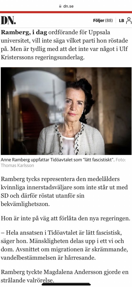 Att nuvarande ordförande för Uppsala Universitet inte röstade på en liberal borgerlig regering har framgått länge på twitter. Att en ordförande för ett universitet inte kan läsa ett avtal innantill är däremot problematiskt. Intressant artikel om s väljare dn.se/sverige/fran-f…