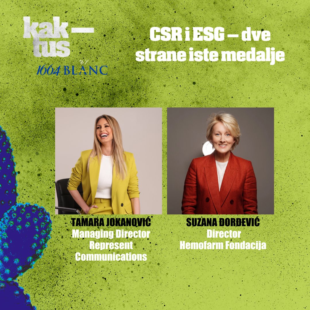 Na temu "CSR i EGS – dve strane iste medalje", na festivalu #kaktus2022, govoriće Suzana Đorđević, Nina Elezović i Tijana Koprivica, a razgovor će voditi Tamara Jokanović. ow.ly/5u0o50LoG6E