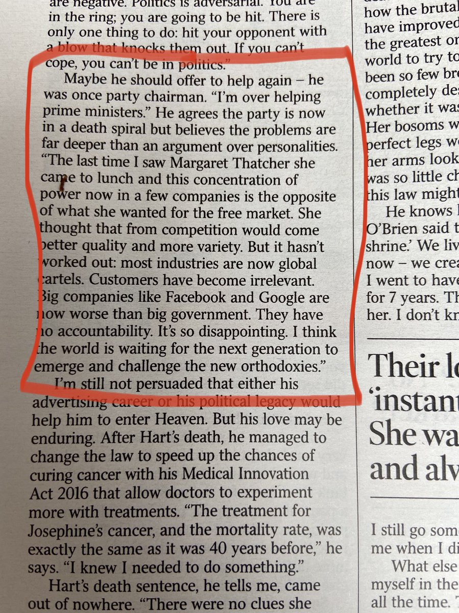 Fascinating insight from The Times interview with Maurice Saatchi, on how Margaret Thatcher was eventually disappointed by Thatcherism: