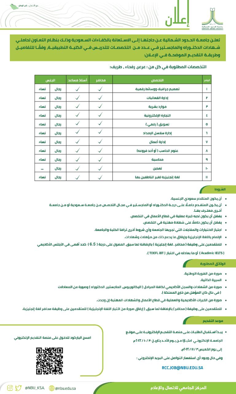 🔴 | وظائف أكاديمية 

تعلن ‎#جامعة_الحدود_الشمالية عن حاجتها إلى الاستعانة بالكفاءات السعودية بنظام التعاون لحاملي المؤهلات العلمية ( الدكتوراه والماجستير) في عدد من التخصصات للتدريس في الكلية التطبيقية.

رابط التقديم https://careers.nbu.edu.sa/

#وظائف_أكاديمية #الحدود_الشمالية 