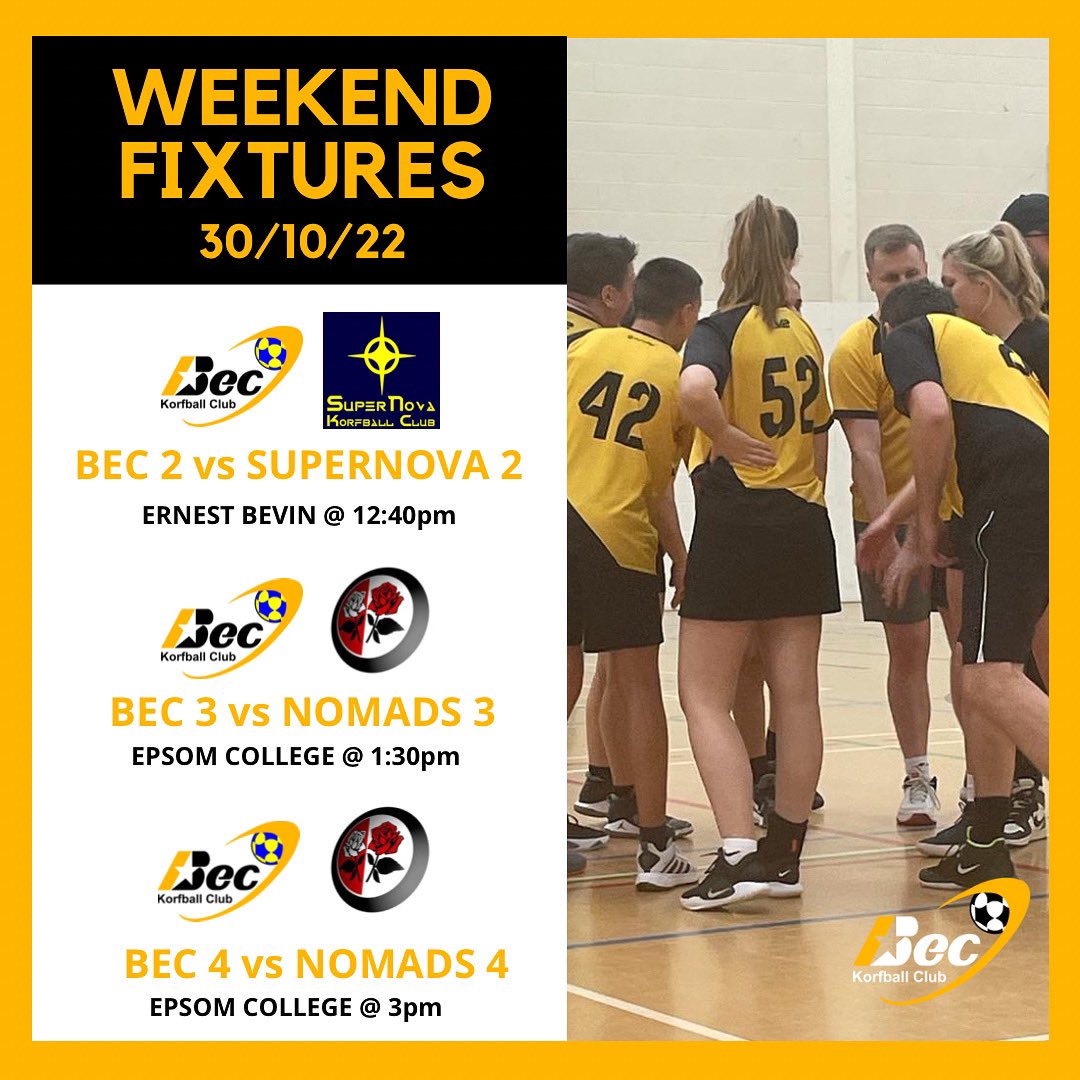 Three away games today! Bec 2 play <a href="/SupernovaKC/">Supernova Korfball</a> and Bec 3 &amp; 4 face <a href="/nomadskorf/">Nomads Korfball</a> in the <a href="/londonkorfball/">London Korfball</a> Leagues!

Good Luck to all Becstars💛🖤💪