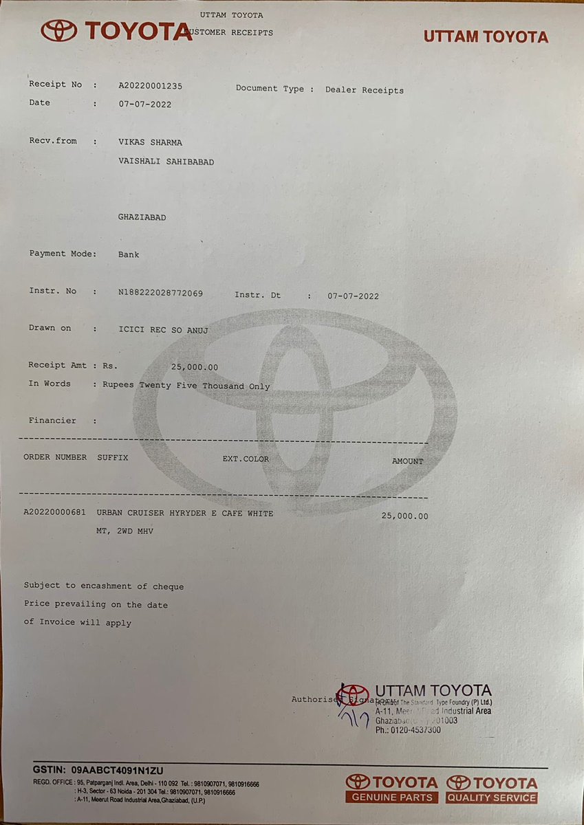 shvikas7's tweet photo. @Toyota_India Best Practices- Doesn’t it cover timely delivery of booked vehicles? I booked on 7th July and expected to receive delivery in 12-16 weeks. Not delivered yet. Please start following what Toyota dealer has committed on behalf of Toyota India. https://t.co/LwU703shDs