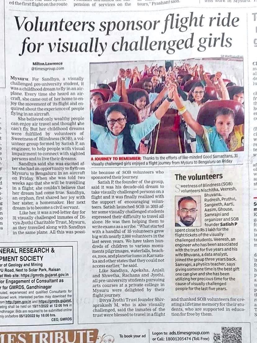 Any dream turns out to be a reality if we have some passion #volunteers #visionimpairment #flight #travelling #sob . Thank you <a href="/timesofindia/">The Times Of India</a> for covering our trip 

#SOB #timesgroup #flighttrip