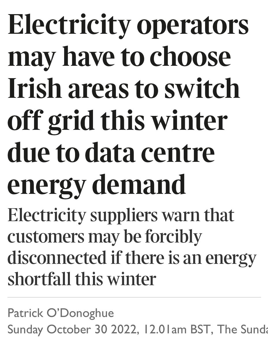 Electricity operators may have to choose Irish areas to switch off grid this winter due to data centre energy demand electricity transmission network, has projected that nearly 30% of the total demand for electricity will come from #datacentres by 2031, thetimes.co.uk/article/057c1d…