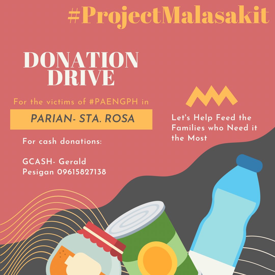 sadalampesigan's tweet photo. Magandang araw po! Ngayon po ay binubuksan po namin ang #ProjectMalasakit Donation Drive para sa mga nasalanta ng bagyong #Paeng sa Brgy. Parian- Sta. Rosa Laguna.
Narito po ang mga kinakailangan sa mga evacuation centers:
- Ready-to-eat food
- Bigas
- Clothes
- Kumot
(1/2) https://t.co/6SDs27R4fc