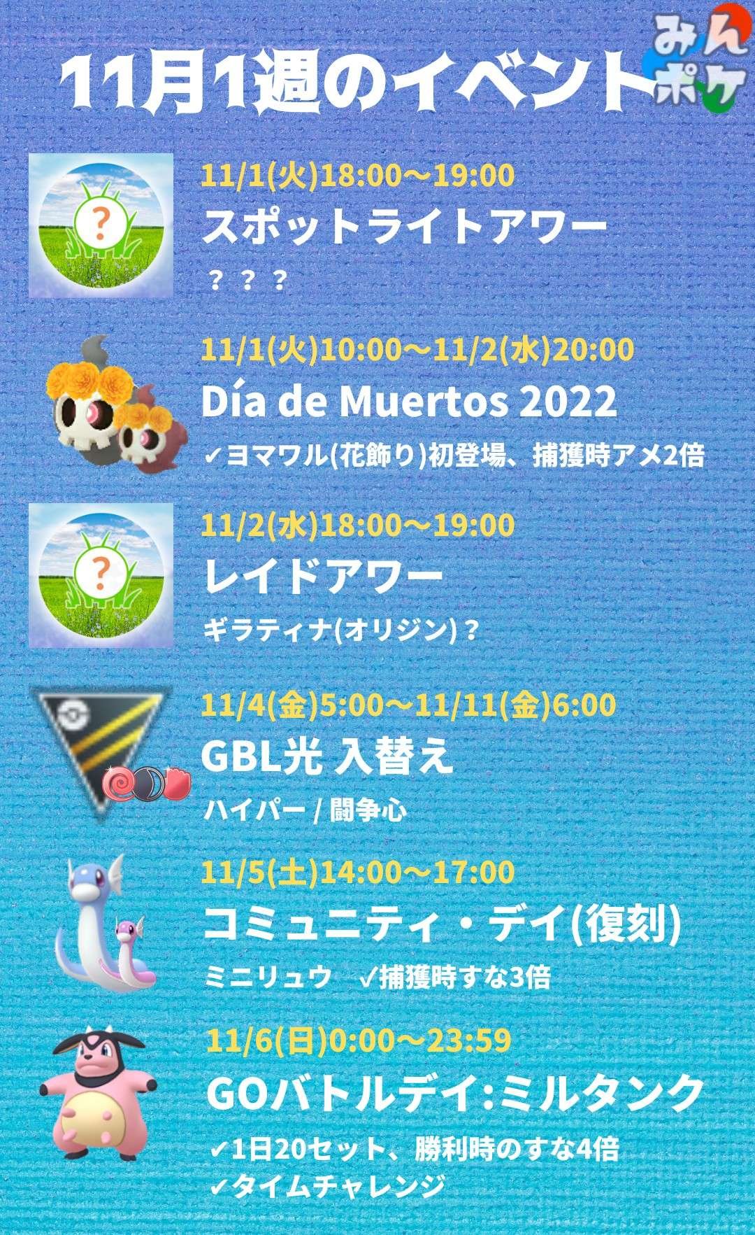 تويتر ポケモンgo攻略 みんポケ على تويتر 今週のイベント 花飾りヨマワルが初登場します 火 スポライ 火 Dia De Muertos 水 レイドアワー ギラティナオリジン 金 Gbl ハイパー 闘争心 土 ミニリュウのコミュニティデイ 日 Go