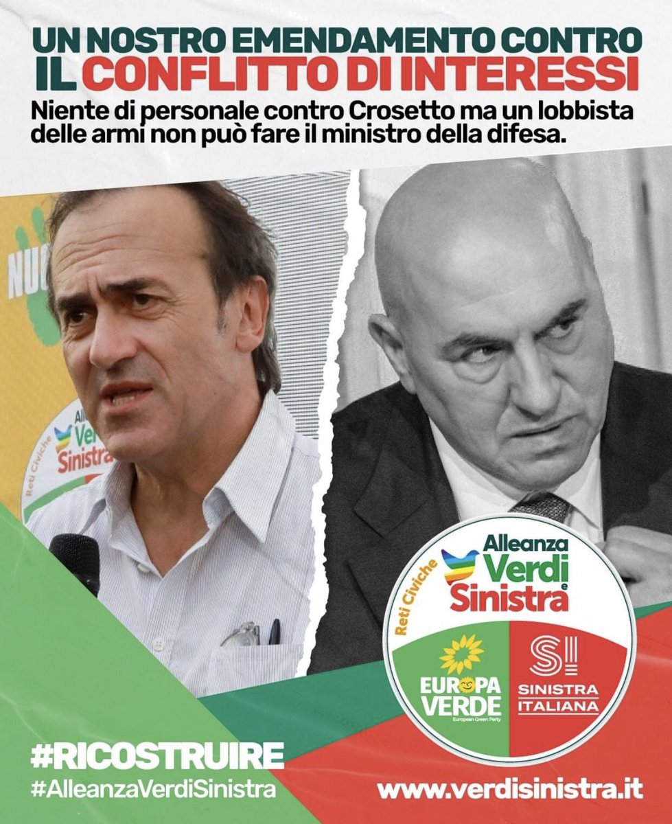 FilippoSestito's tweet photo. Ha ragione Angelo Bonelli, Crosetto non può fare il Ministro della Difesa perché è in conflitto di interessi essendo un lobbista delle armi!
In Parlamento si fa l’opposizione, non si sta all’opposizione.
Avanti tutta con Alleanza Verdi Sinistra! https://t.co/Hjjfry4Sjo