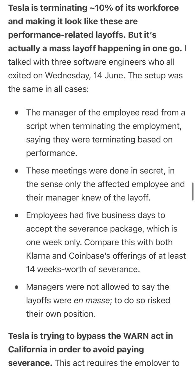 For anyone trying to make sense of Musk having Twitter engineers print out their code and show it to Tesla engineers… my view is we don’t need to look far to see what is happening. Elon doesn’t like to pay severance. From my coverage in Tesla’s secret layoffs in @Pragmatic_Eng: