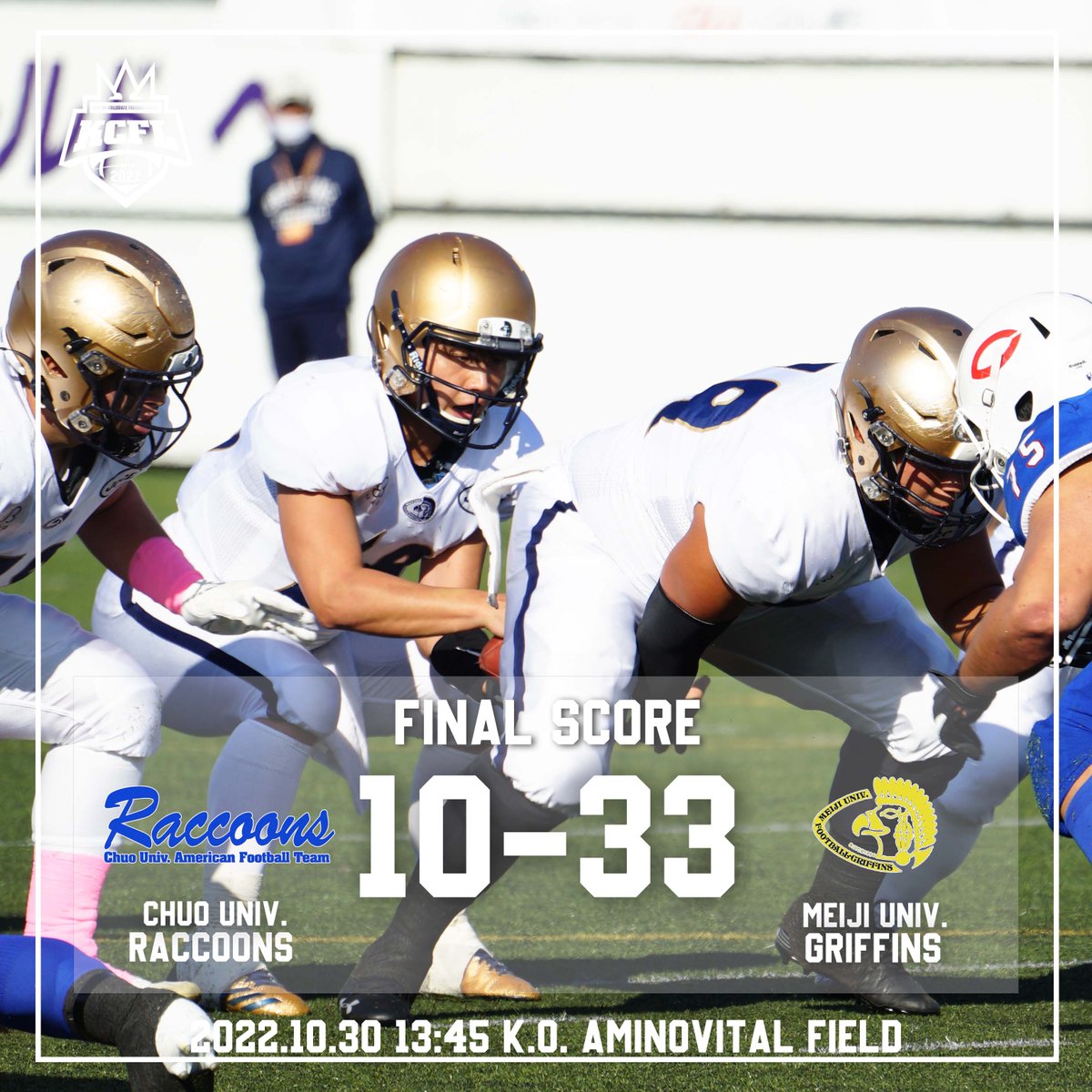 kcfa_now's tweet photo. 【10月30日　試合結果】
秋季リーグ戦　1部TOP8 2部上位リーグ
中央大学 ● 10-33 ○ 明治大学
#KCFA https://t.co/DnStvAgd3C
